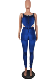Blue Sexy Print Patchwork Square Collar Sleeveless Two Pieces