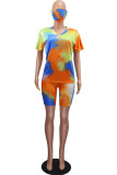 Red Polyester Fashion Casual adult Patchwork Print Tie Dye Two Piece Suits Straight Short Sleeve Two Pieces