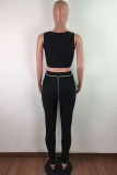 Black Sexy Polyester Solid Split Joint Sleeveless Short Two Pieces