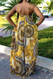Yellow Sexy Print Patchwork Spaghetti Strap Loose Jumpsuits