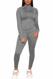 Grey Fashion Sportswear Adult Polyester Solid Split Joint O Neck Long Sleeve Regular Sleeve Regular Two Pieces