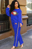 Blue Polyester Casual Two Piece Suits Lips Print Patchwork Loose Long Sleeve Two-piece Pants Set