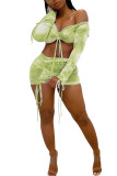 Mint green Milk Silk Fashion Sexy adult Ma'am Print Two Piece Suits pencil Long Sleeve Two Pieces