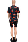 Black Polyester Fashion Casual adult Patchwork Print Two Piece Suits Lips Print Straight Short Sleeve Two Pieces