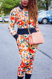 Orange Fashion Casual Print Patchwork Zipper Collar Long Sleeve Two Pieces