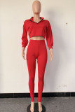 Red Polyester Casual Solid Two Piece Suits pencil Long Sleeve Two-piece Pants Set