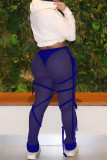 Royal Blue Fashion Sexy Solid Draw String See-through Regular Mid Waist Trousers