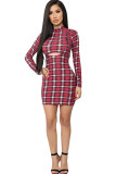 Red venetian Sexy Plaid Two Piece Suits Print pencil Long Sleeve Two-Piece Dress