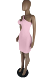 Pink Sexy Solid Ripped One Shoulder Pencil Skirt Dresses