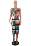 Multicolor Fashion Casual Print Hollowed Out V Neck Vest Dress
