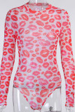 Red Sexy Print Lips Printed See-through O Neck Regular Bodysuits