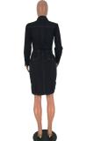 Black Polyester Sexy Fashion adult Cap Sleeve Long Sleeves Notched Straight Knee-Length Solid Patchwork ba