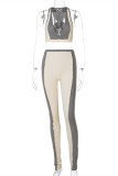 Khaki Sexy Casual Patchwork Backless V Neck Sleeveless Two Pieces