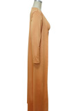 Coffee Sexy Polyester Solid Split Joint Spaghetti Strap Long Sleeve Two Pieces