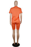 Tangerine Red Sportswear Print Letter O Neck Short Sleeve Two Pieces