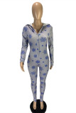Light Gray Casual Living Print Basic Hooded Collar Skinny Jumpsuits