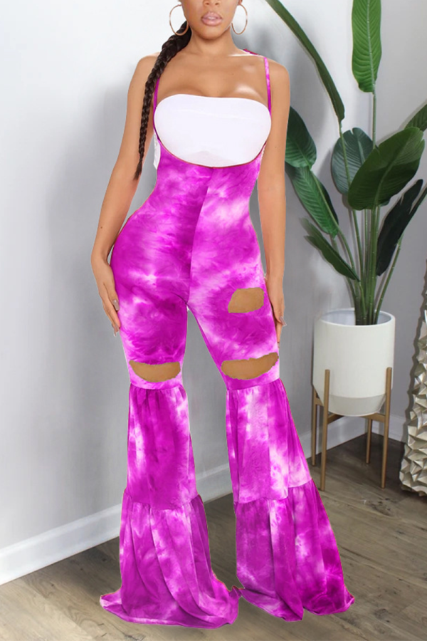 Purple Casual Patchwork Tie-dye Spaghetti Strap Boot Cut Jumpsuits