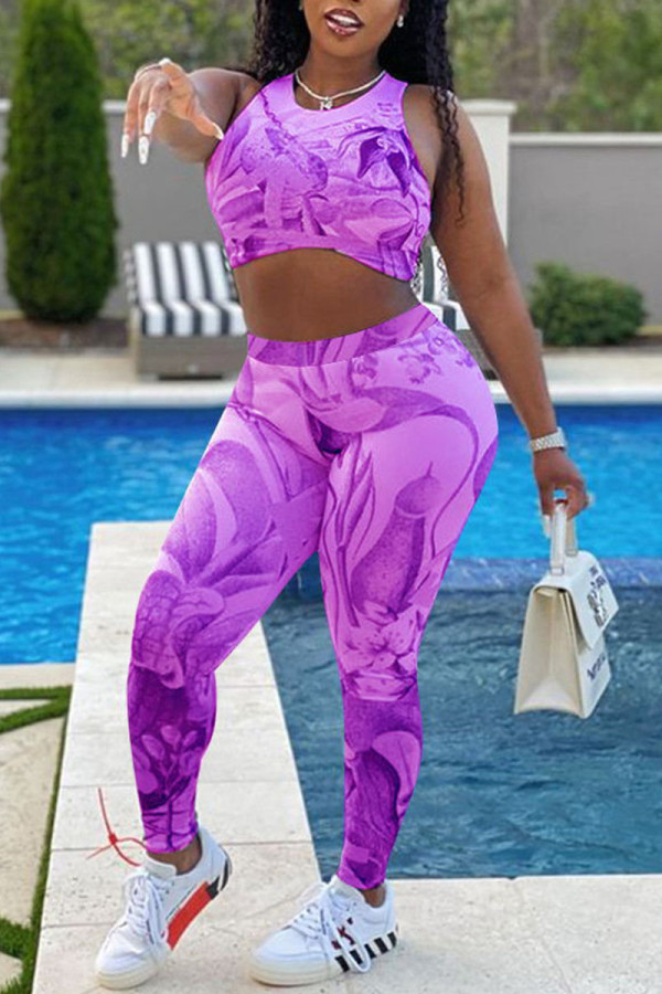 Purple Casual Print Tie-dye Backless O Neck Sleeveless Two Pieces