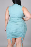 Blue Fashion Casual Plus Size Solid Fold O Neck Sleeveless Dress