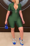 Blue Fashion Casual Solid Basic Zipper Collar Skinny Romper