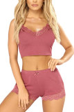 Pink Polyester Fashion Sexy adult Patchwork Solid Two Piece Suits HOLLOWED OUT Straight Sleeveless Two Pieces