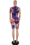 Dark Blue Polyester Fashion Sexy Print Tie Dye Burn-out Two Piece Suits pencil Short Sleeve Two Pieces