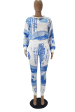 Blue Casual Print Split Joint O Neck Long Sleeve Two Pieces