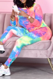 Pink Casual Patchwork Tie-dye O Neck Long Sleeve Two Pieces