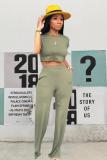 Army Green Polyester Casual Fashion Bandage crop top Solid Straight Two-piece Pants Set