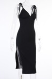 Black Sexy Solid Tassel Frenulum Asymmetrical Spaghetti Strap Sleeveless Dress Dresses