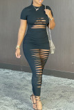 Green Fashion Sexy Solid Ripped O Neck Short Sleeve Dress
