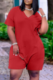 Red Fashion Casual Solid Basic V Neck Regular Rompers