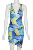 Blue Sexy Print Patchwork V Neck Irregular Dress Dresses