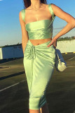 Green Casual Patchwork Frenulum Backless With Bow Spaghetti Strap Straight Dresses