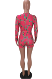 Rose Red Sexy Print Patchwork V Neck Skinny Rompers