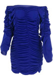 Navy Blue Sexy Bubble sleeves Long Sleeves V Neck Asymmetrical Knee-Length asymmetrical Solid Patchw