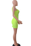 Fluorescent green Street Spaghetti Strap Sleeveless Slip Sheath Mini Print Character Dresses
