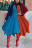 Blue Red Fashion Casual Patchwork Cardigan Turndown Collar Outerwear