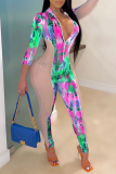 Rose Red Sexy Patchwork Tie-dye Zipper Collar Skinny Jumpsuits