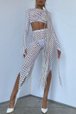 White Sexy Solid Ripped Hollowed Out Patchwork O Neck Long Sleeve Two Pieces