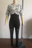 Black And White Casual Print Ripped Split Joint O Neck Plus Size 