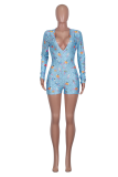 Pink Casual Print Patchwork V Neck Skinny Rompers