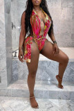 Red Fashion Sexy Print Backless Swimwears
