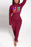 Wine Red Casual Letter Print Patchwork O Neck Long Sleeve Two Pieces