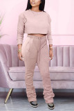 Light Gray Casual Solid Pocket O Neck Long Sleeve Two Pieces