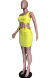 Yellow Polyester Sexy Solid backless Bandage crop top Skinny Sleeveless Two Pieces
