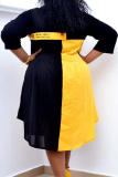 Yellow Casual Print Letter O Neck Pleated Dresses