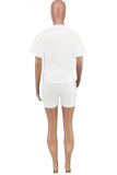 White Fashion Casual Print Basic O Neck Short Sleeve Two Pieces