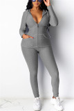 Gray Casual Sportswear Long Sleeve Hooded Collar Regular Sleeve Regular Solid Two Pieces