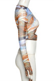 Green Fashion Sexy Print Hollowed Out See-through V Neck Tops